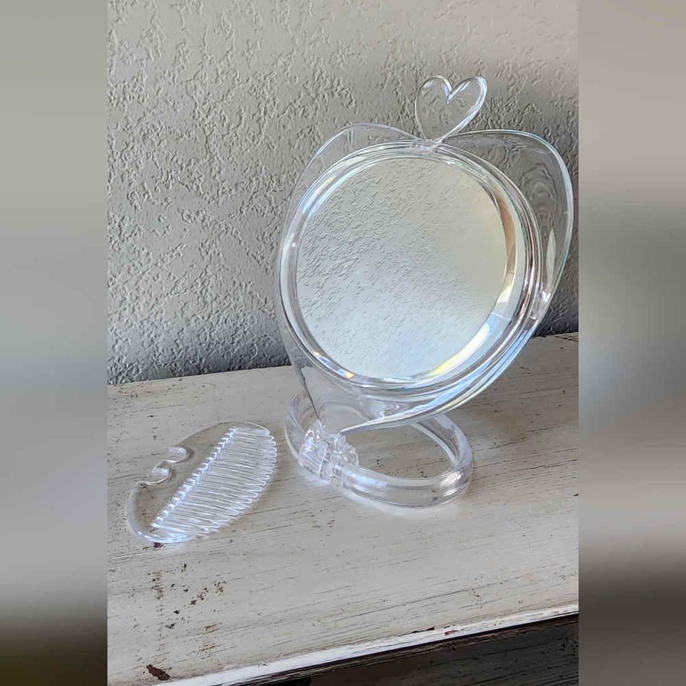 Beautiful Vintage Clear Heart Mirror with Comb and Photo Frame